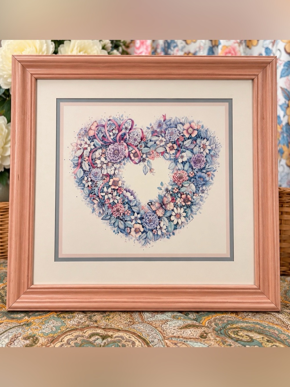 Vintage Cottagecore Floral Heart Framed Wall Art Butterfly Pastel Pink Blue

Cha